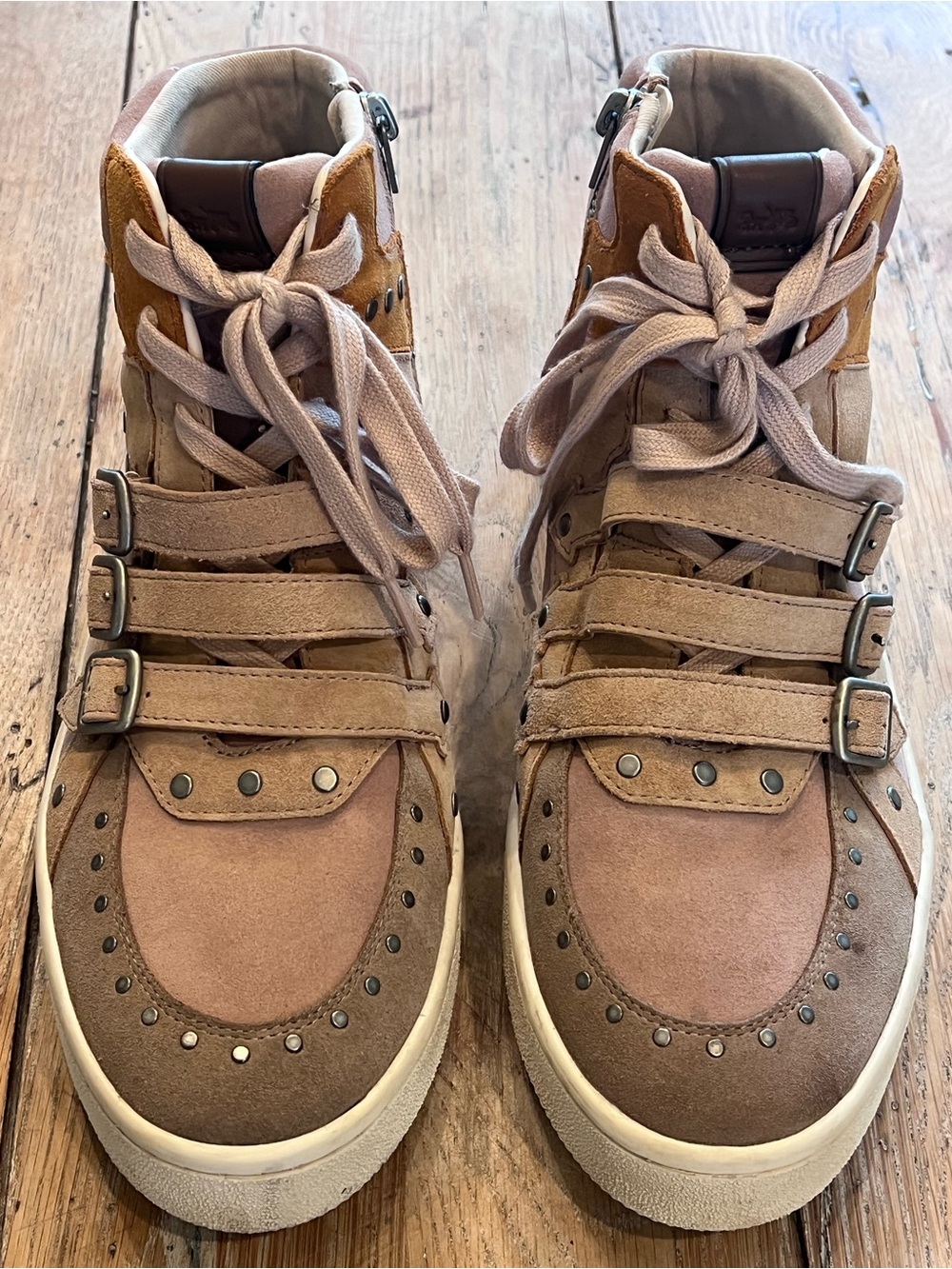 COACH G3887 Women’s 11B Suede High Top Sneakers Beige/Brown Lace-Up Buckle Zip